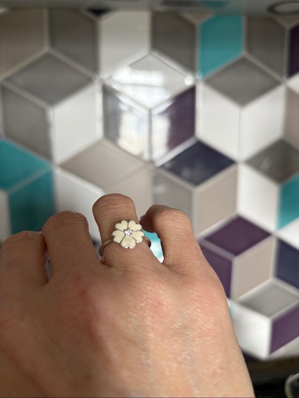 PANDORA silver 925 CZ & enamel Primrose ring dainty 4.5 48 retired